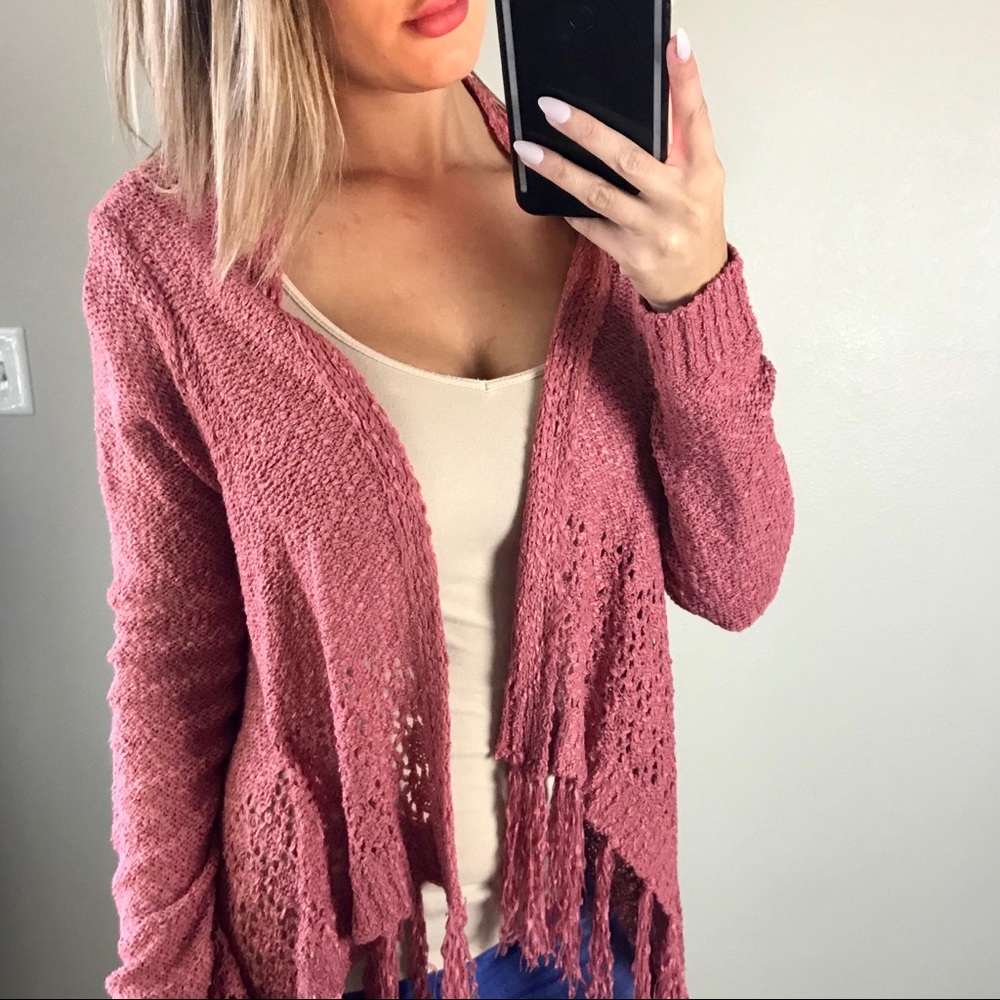 -Dusty Rose Knit Fringe Cardigan- - Picture 4 of 4